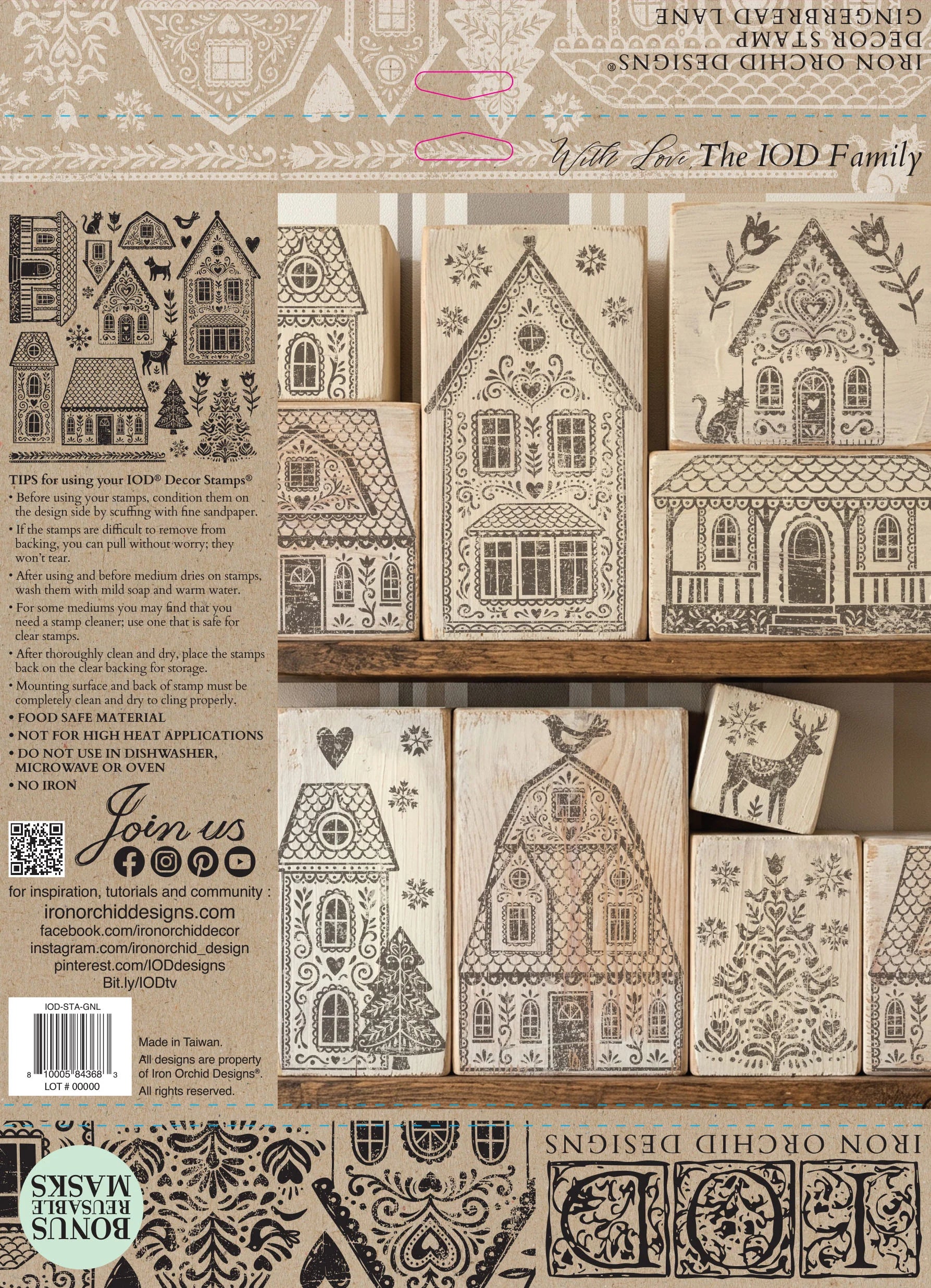 A product display sheet for 'Winter Village' iron-on stamp designs by Iron Orchid Designs, showing multiple wooden house and tree designs in different levels of detail, alongside product information text and a QR code.