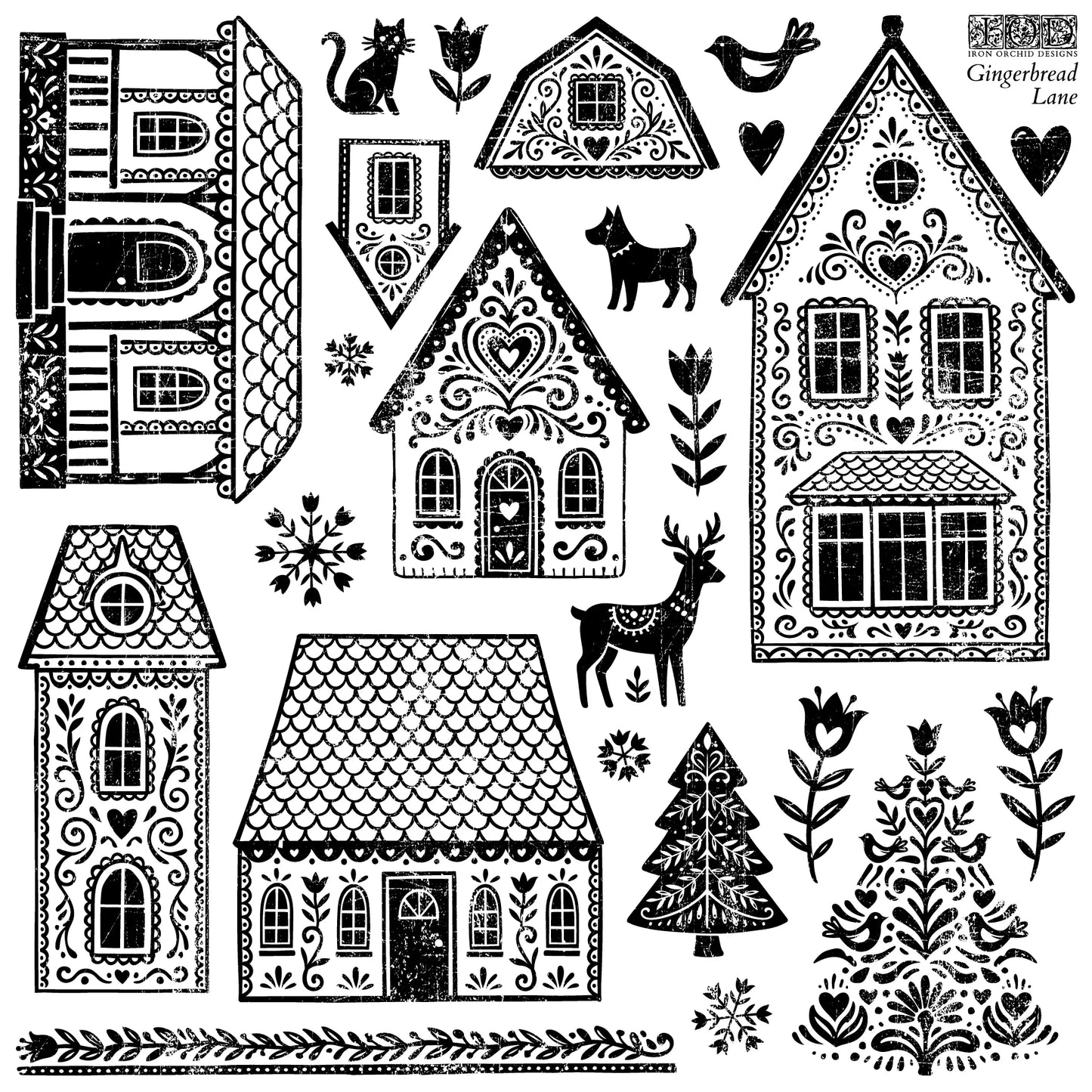 A black and white gingerbread-themed graphic sheet featuring multiple decorated gingerbread houses, trees, birds, flowers, hearts, and a deer, with the text 'Gingerbread Lane' in the top right corner.