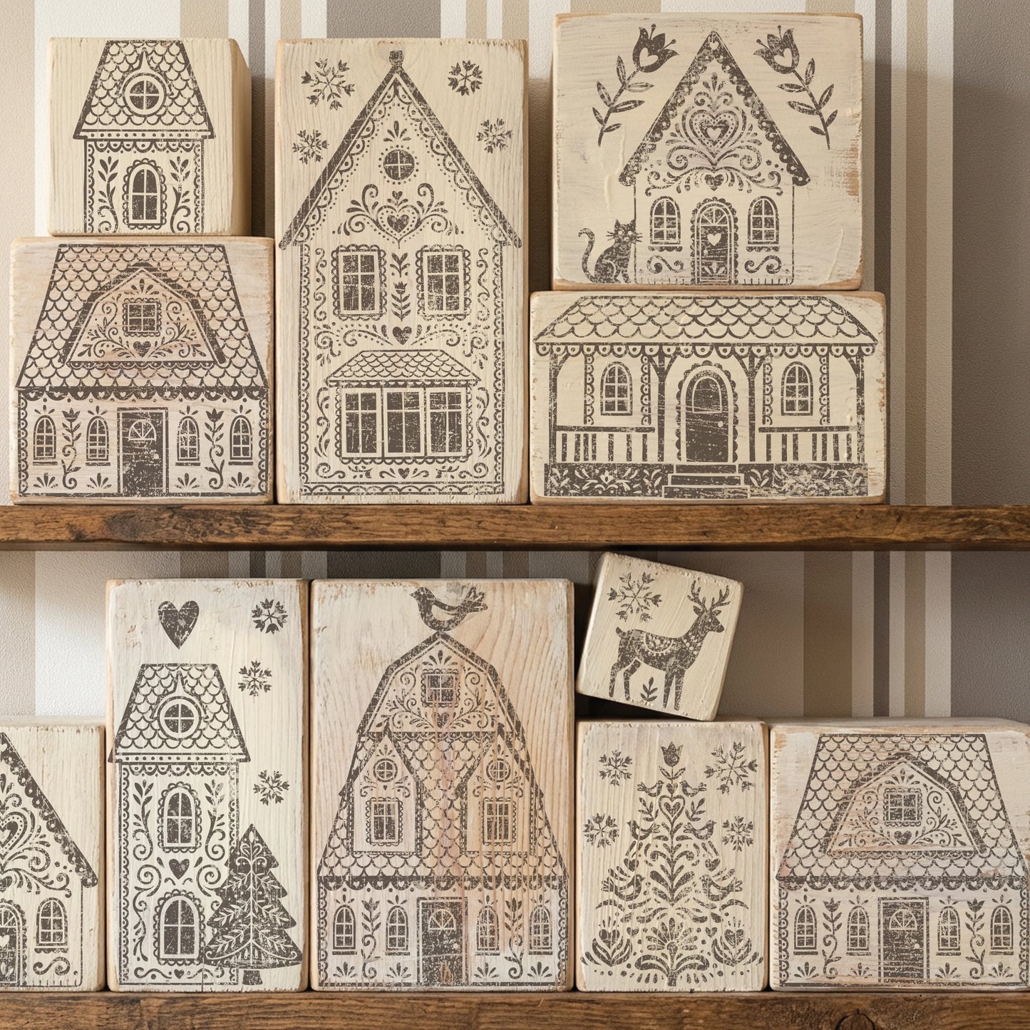 A set of wooden house-shaped rubber stamps with intricate black printed designs, displayed on rustic wooden shelves against a striped wall.