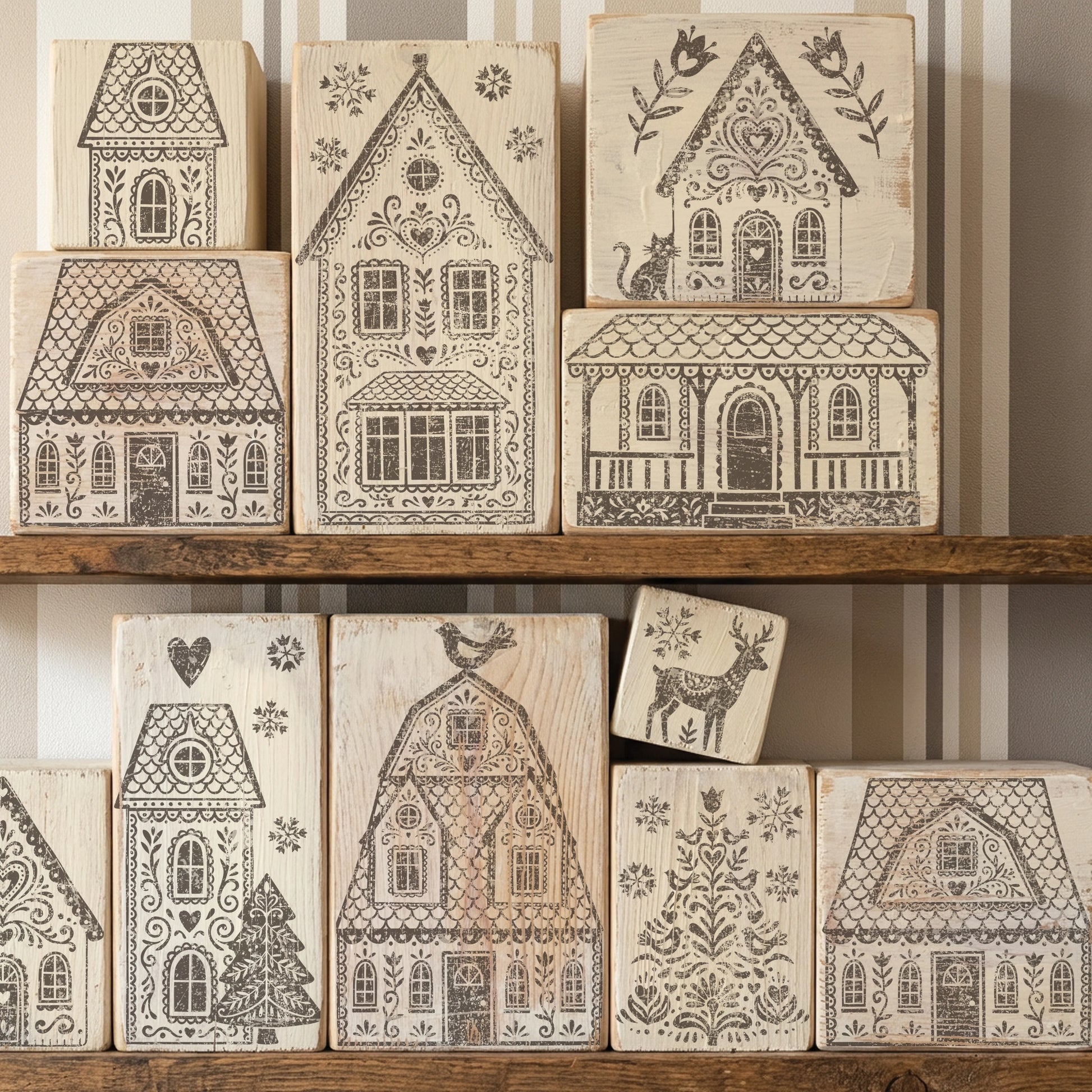 A set of wooden house-shaped rubber stamps with intricate black printed designs, displayed on rustic wooden shelves against a striped wall.