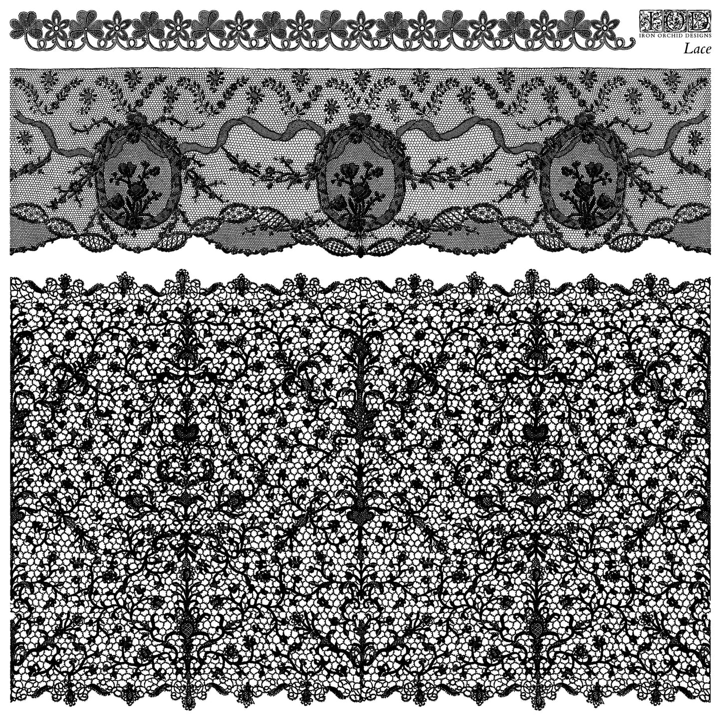 Two pieces of lace fabric with intricate patterns on a white background.