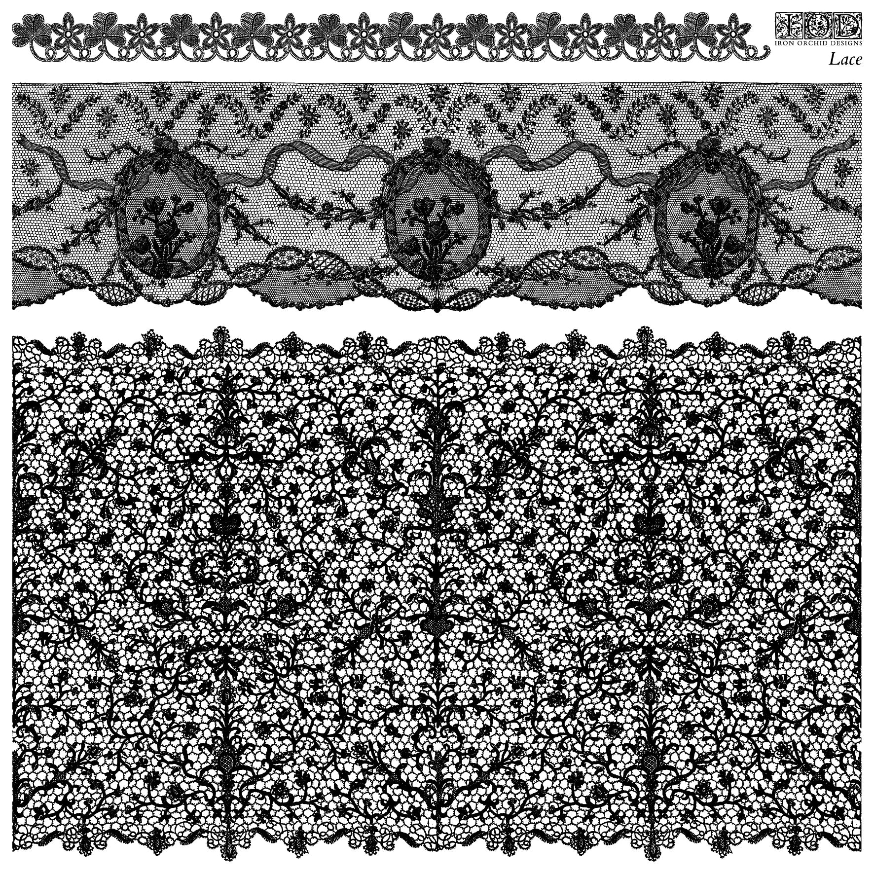 Two pieces of lace fabric with intricate patterns on a white background.
