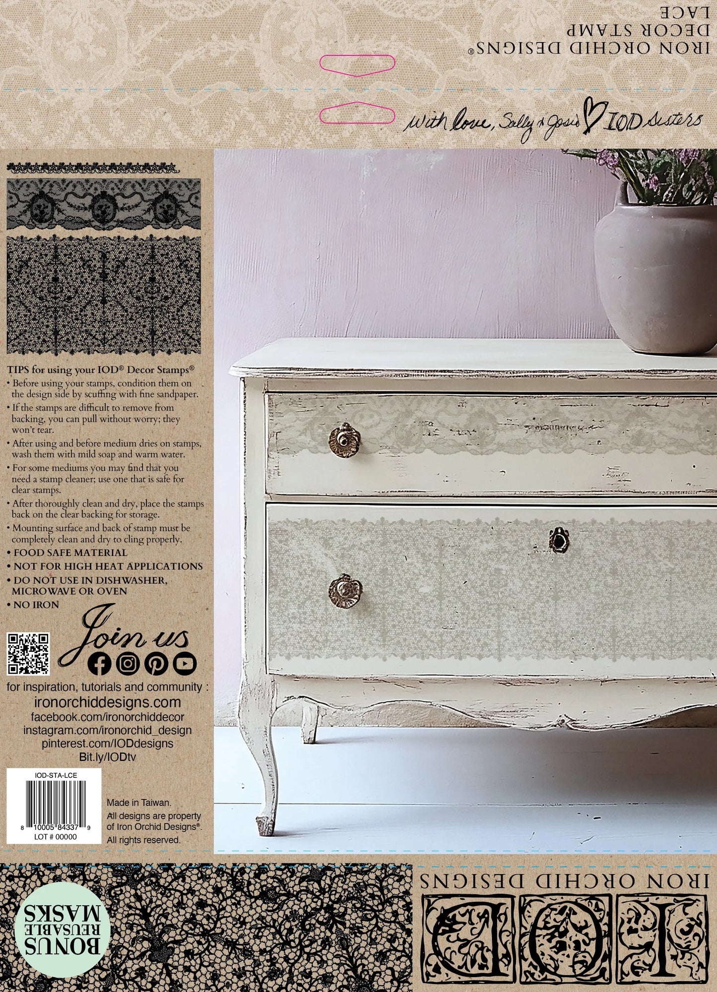 Decorative chest of drawers with a patterned wall and text overlay