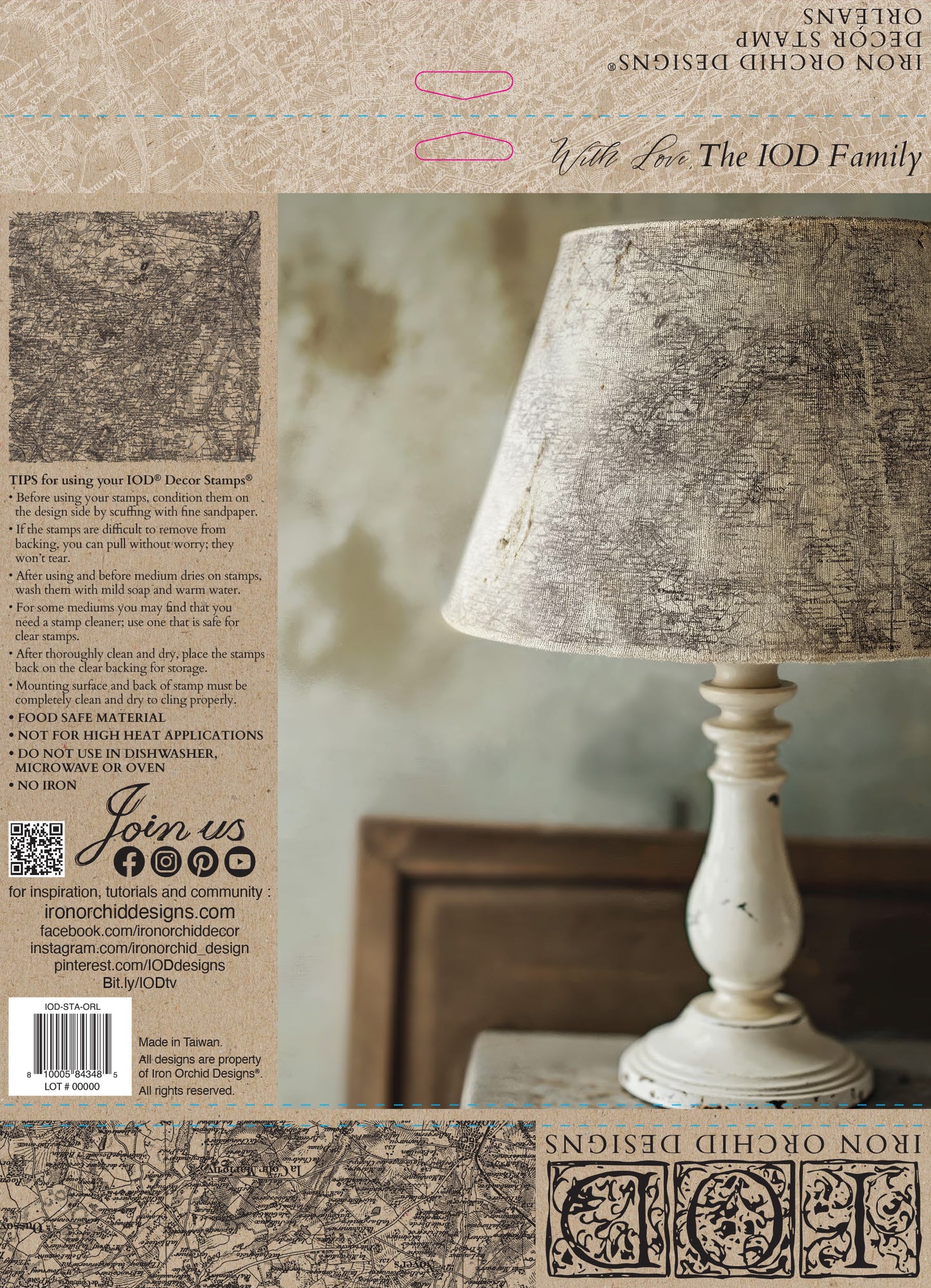 Lamp with textured shade on a wooden surface, surrounded by text and branding elements.