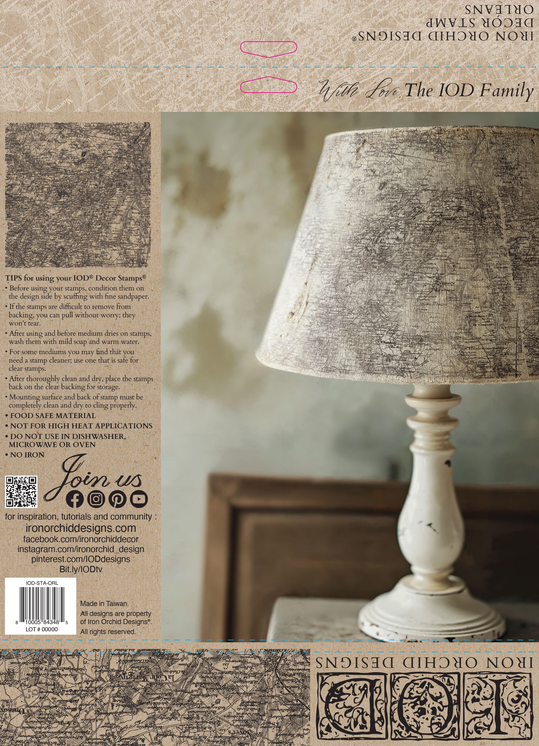 Lamp with textured shade on a wooden surface, surrounded by text and branding elements.