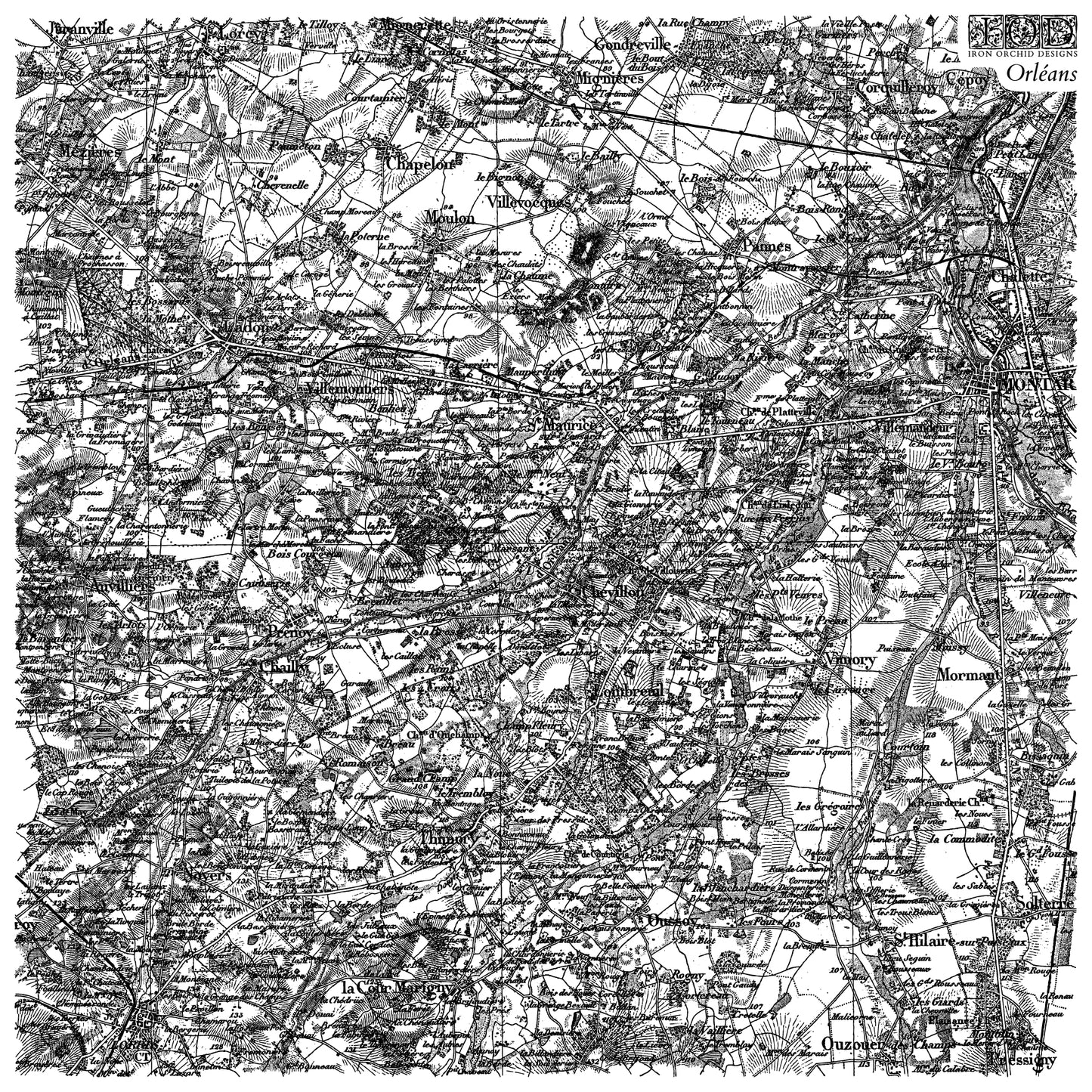 Vintage black and white map of a region with labeled places