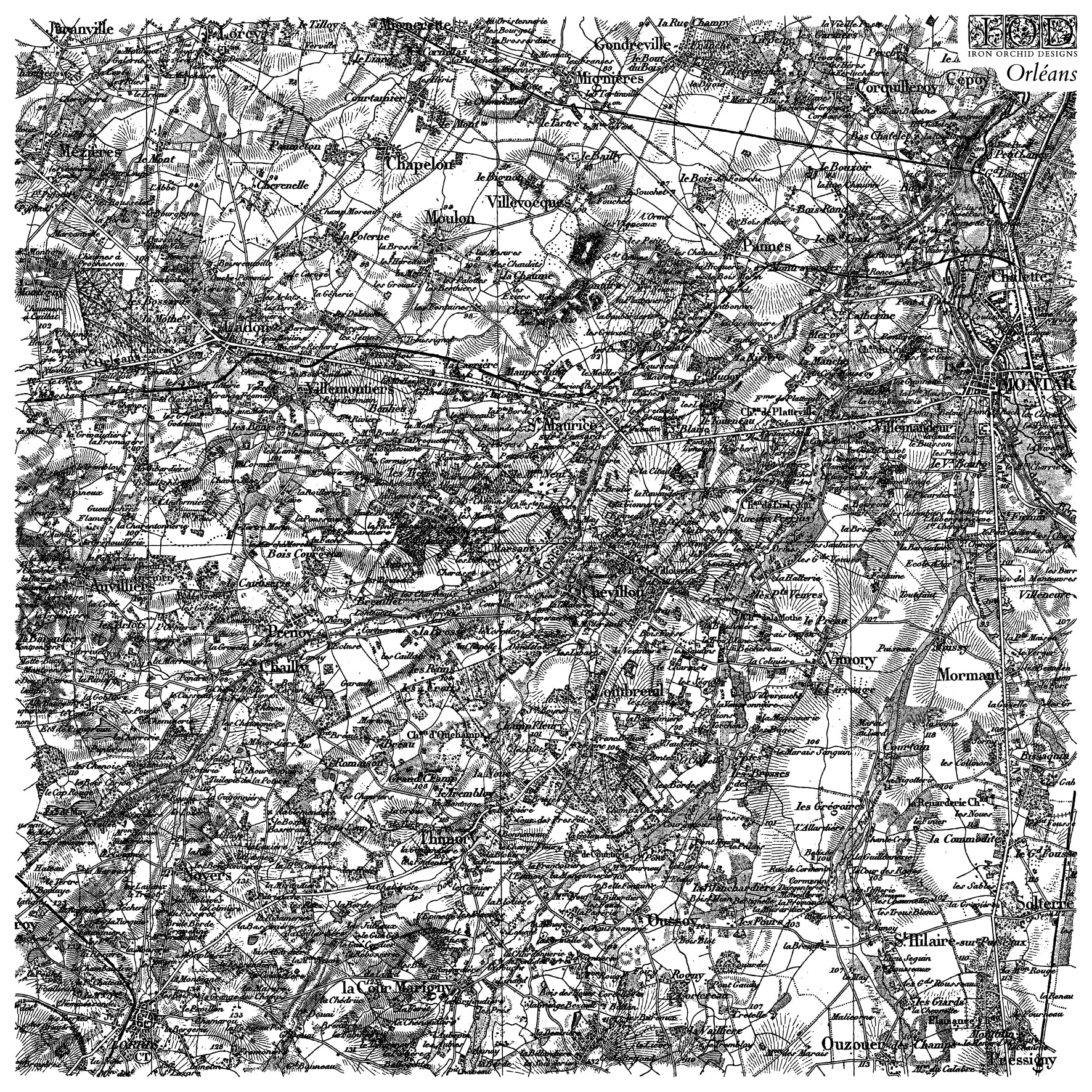 Vintage black and white map of a region with labeled places