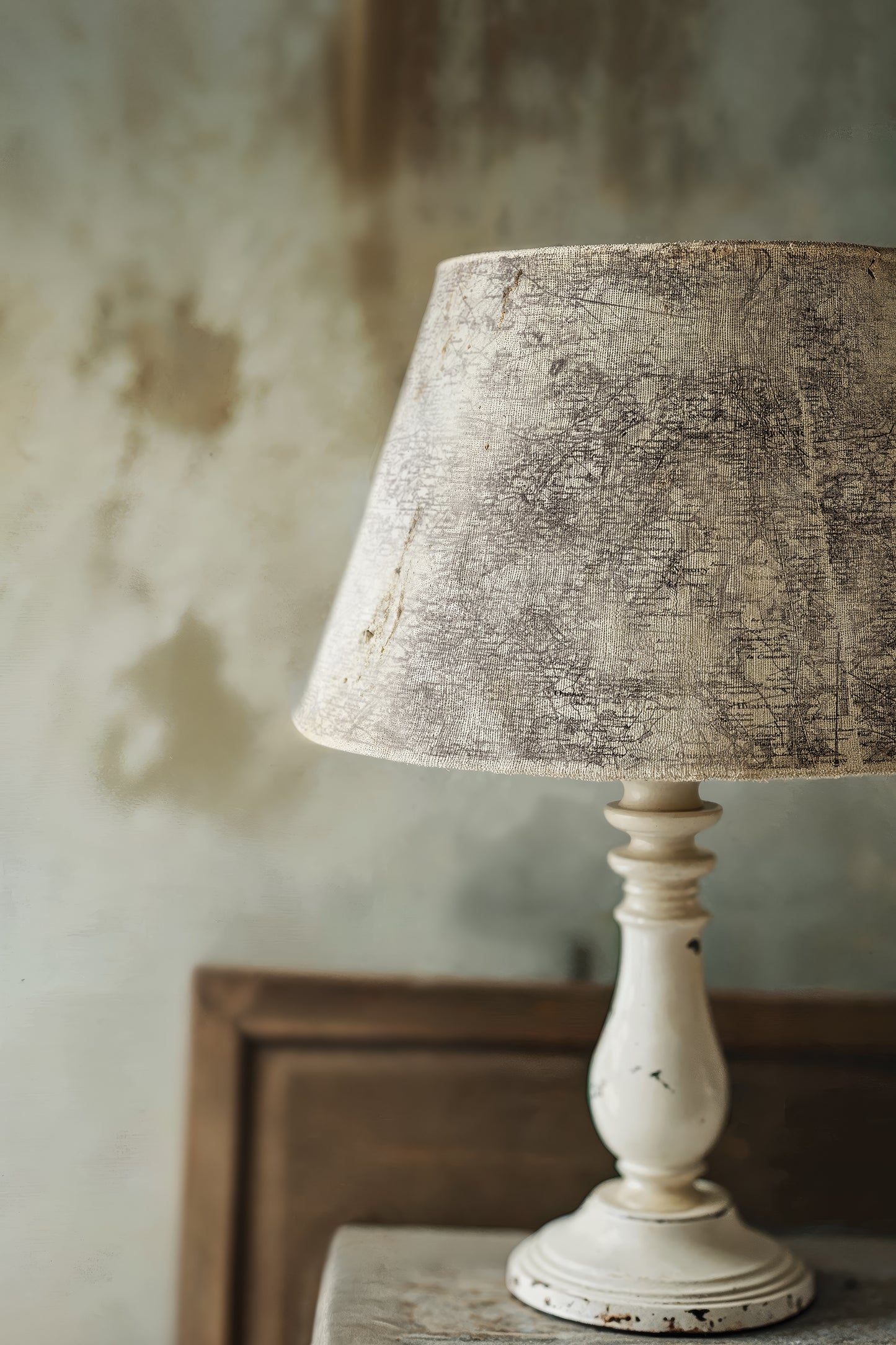 Vintage-style table lamp with textured shade on a wooden surface.