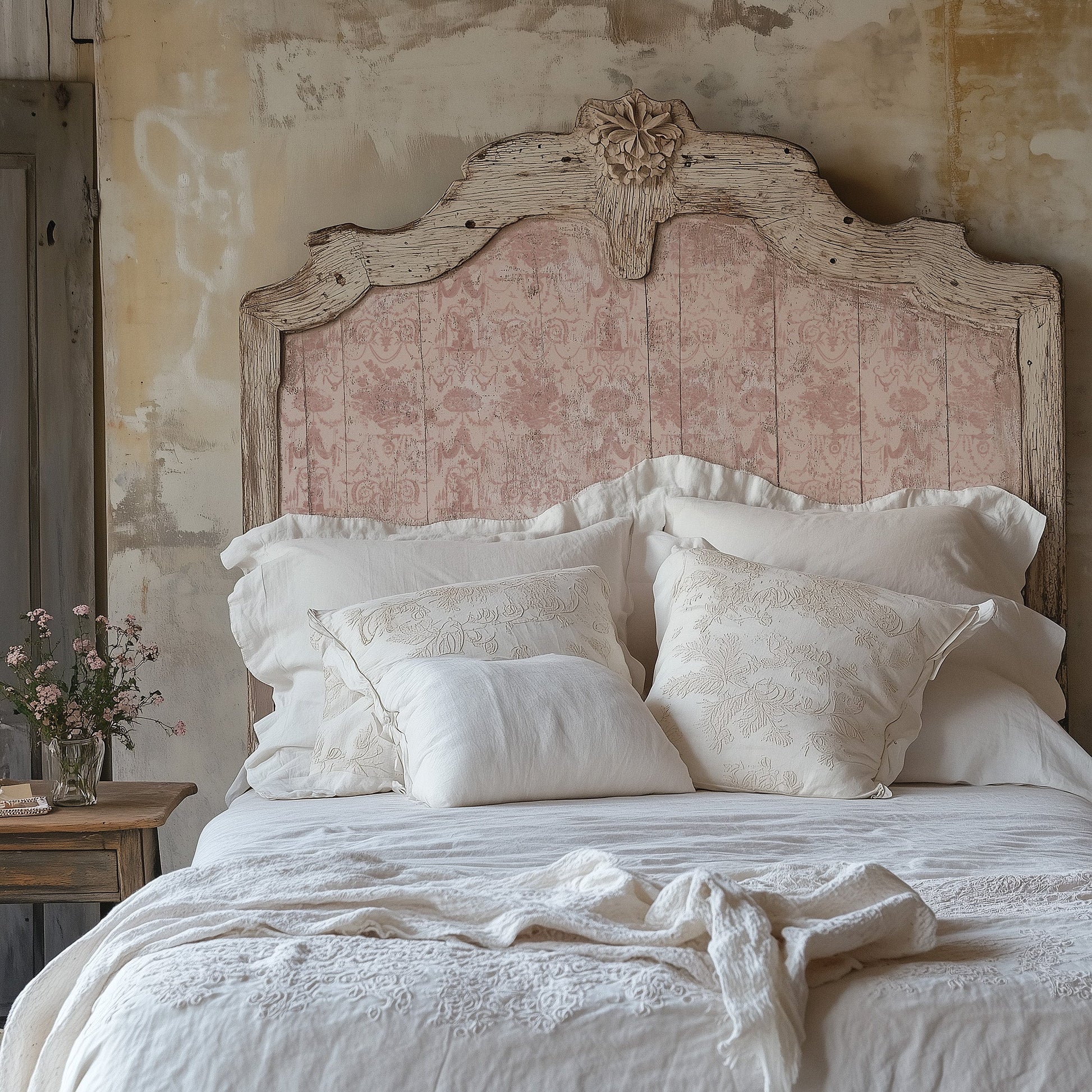 Vintage-style bed with floral headboard and lace bedding in a chabby-chic vintage bedroom.