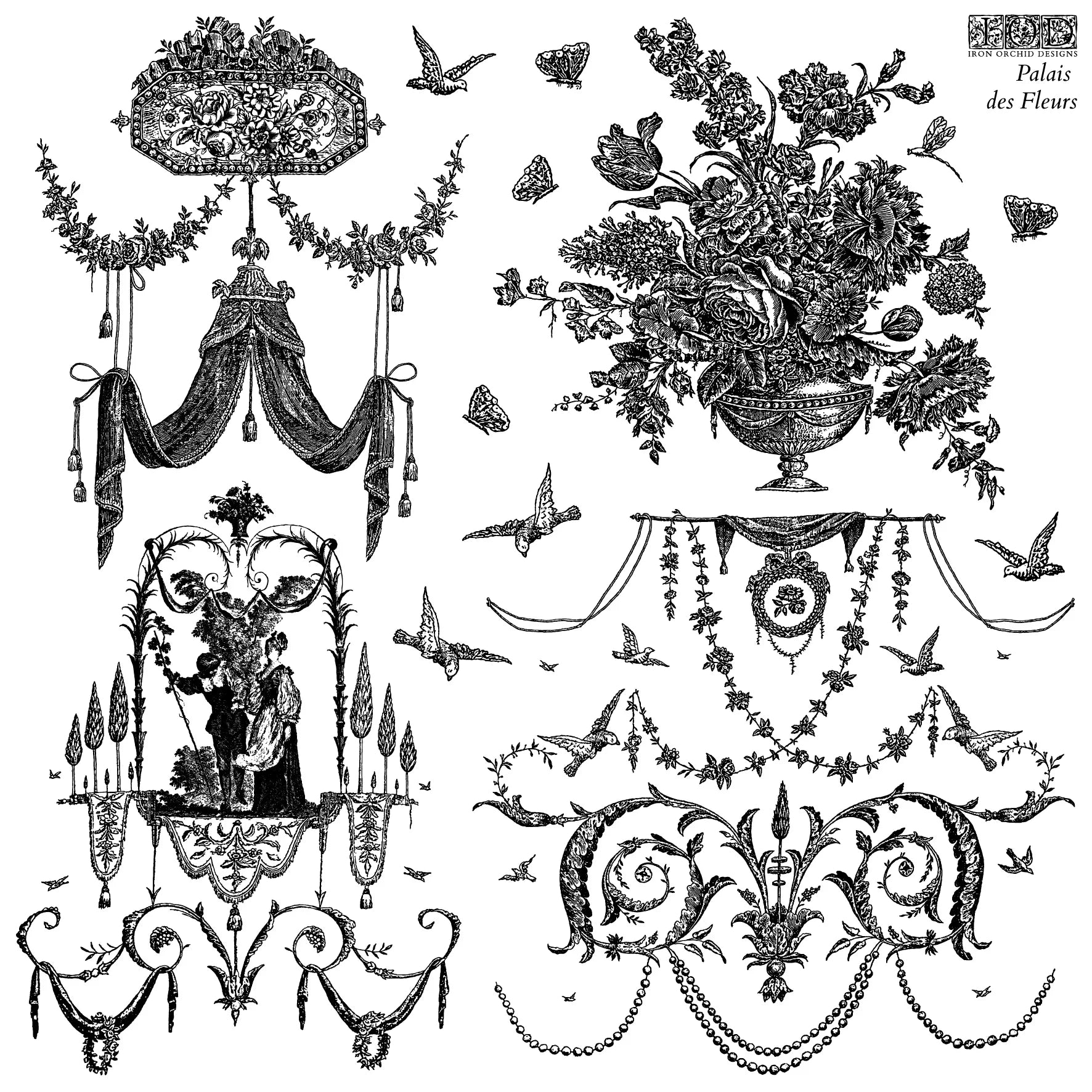 Collection of decorative elements including floral arrangements, drapery, and birds in a vintage style.