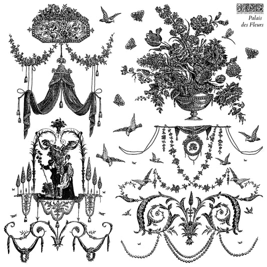 Collection of decorative elements including floral arrangements, drapery, and birds in a vintage style.