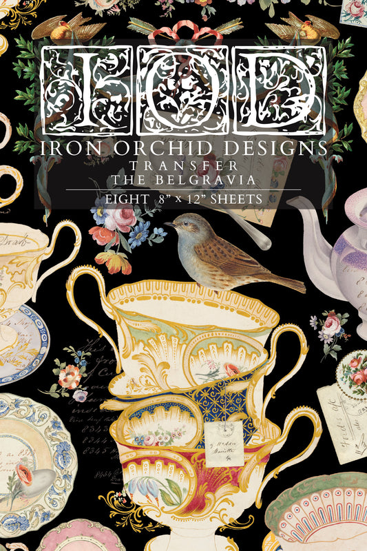 Iron Orchid Designs transfer paper with Belgravia design on a black background