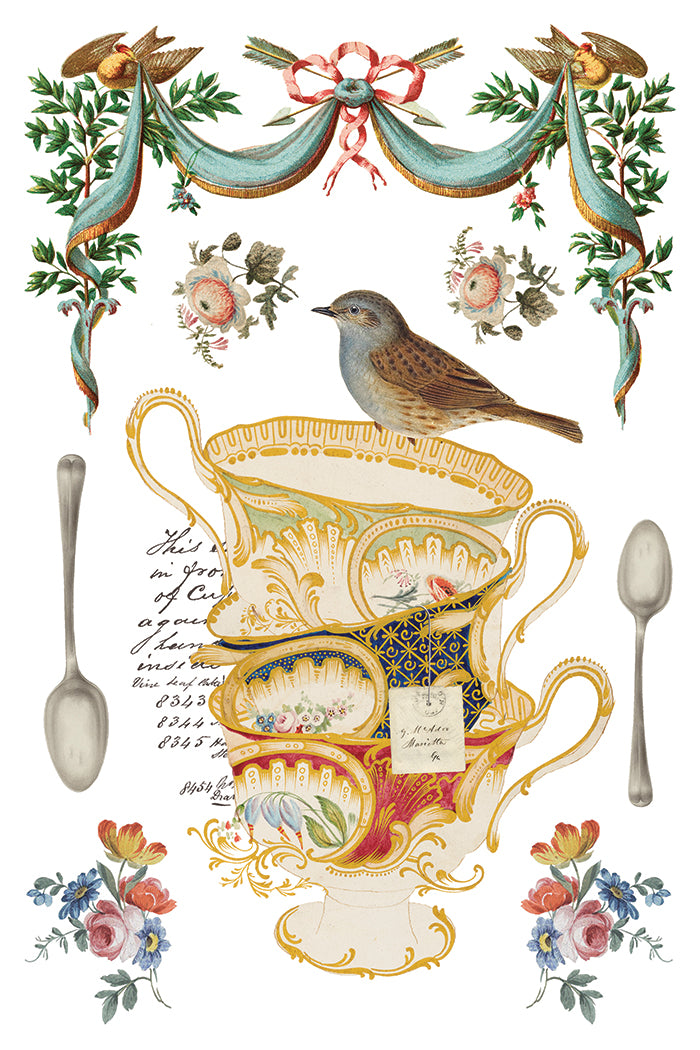 Decorative illustration of a teapot, spoons, and floral elements with a bird.