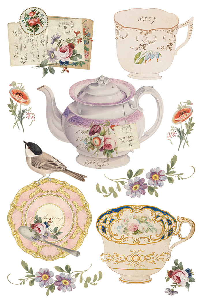 Collection of vintage-style teacups, teapot, and floral elements on a white background