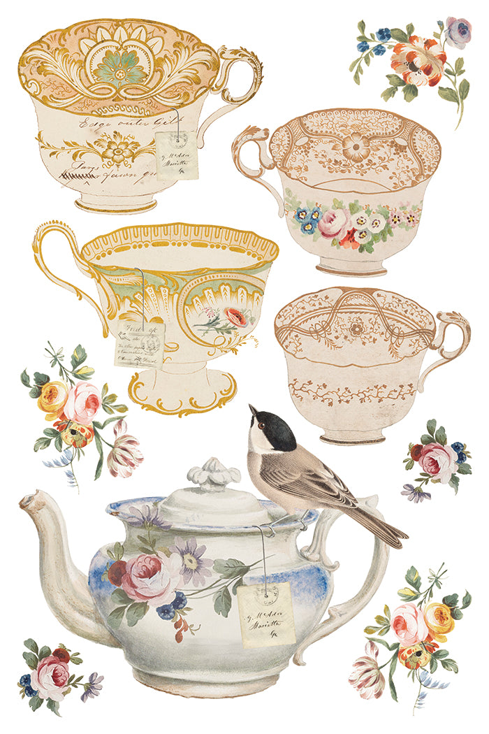 Vintage-style teacups, teapot, and floral elements on a white background