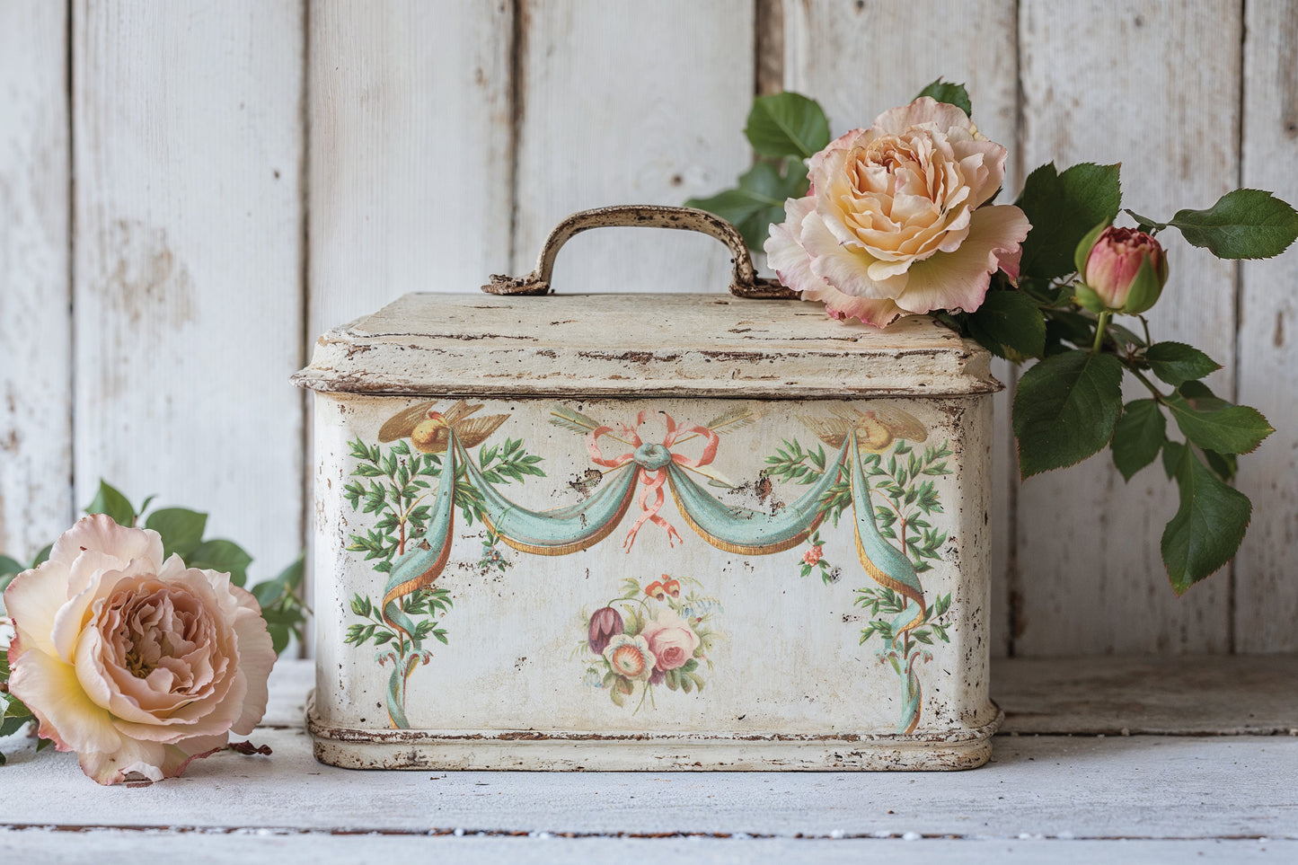 Decorative tin box with floral patterns and roses on a wooden surface