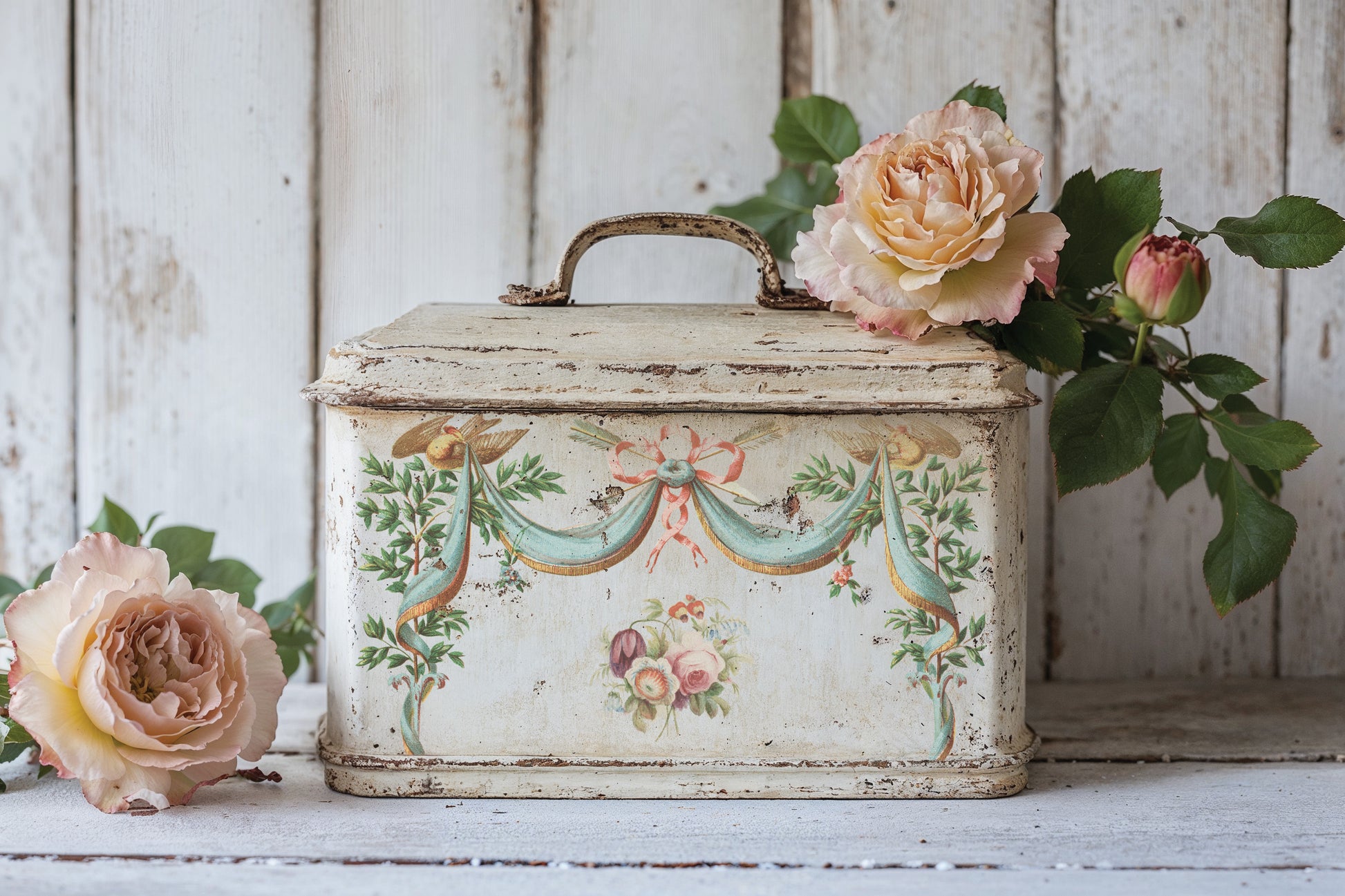 Decorative tin box with floral patterns and roses on a wooden surface