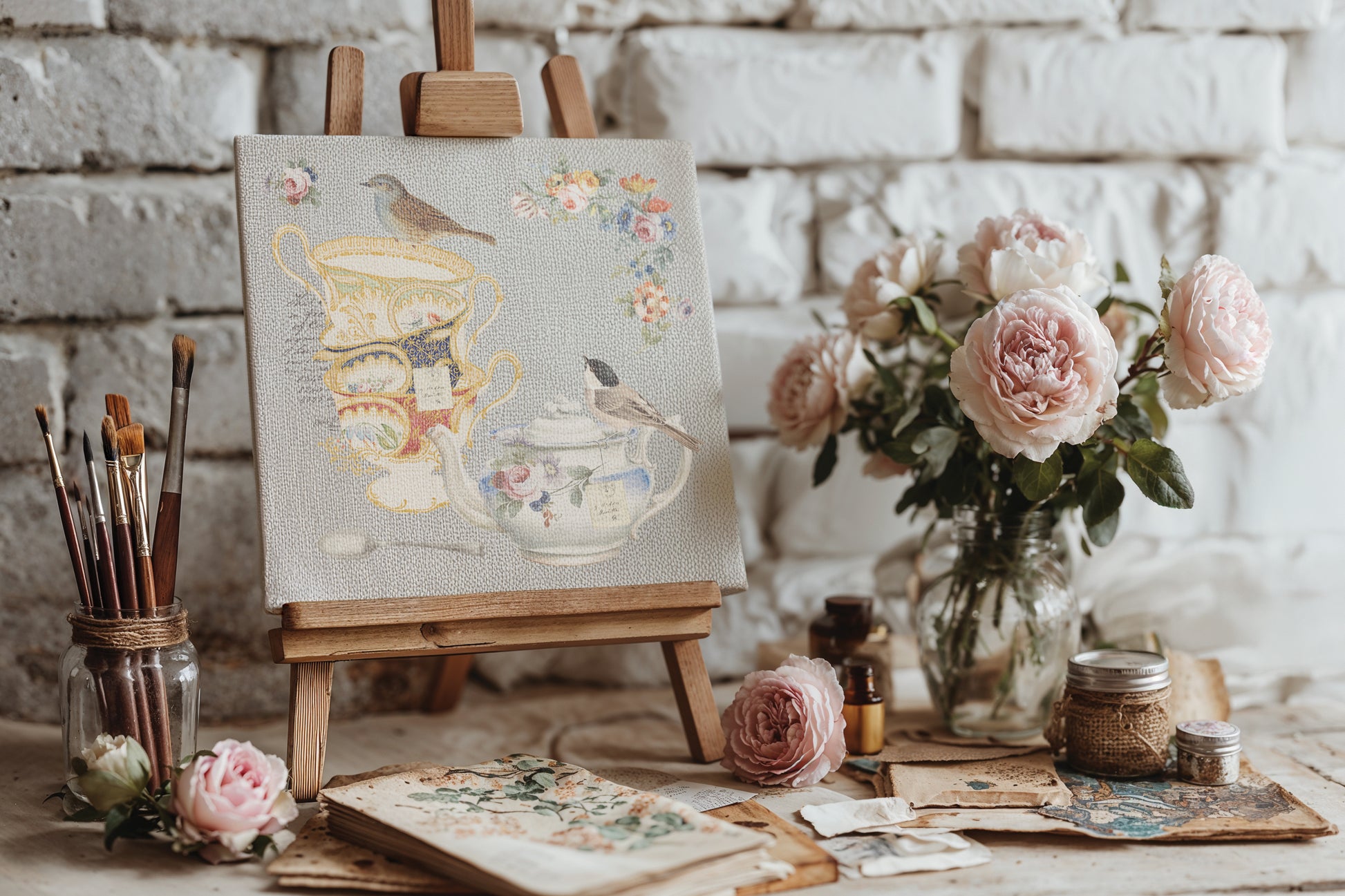 Artistic setup with a painting of teacups on an easel, surrounded by flowers and art supplies.