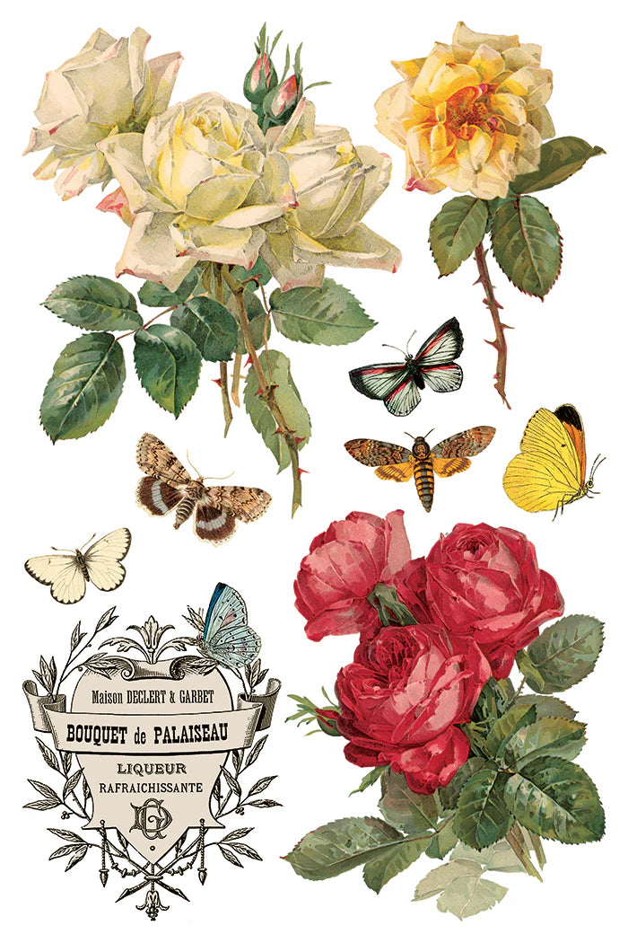 Vintage-style illustration of flowers and butterflies with a decorative label.