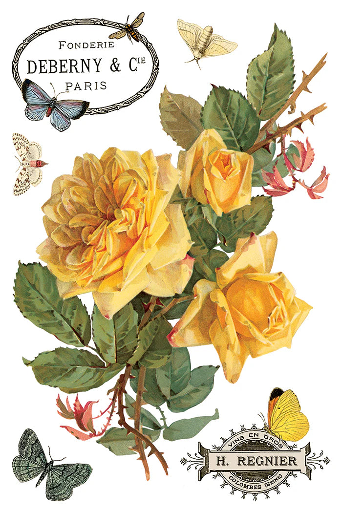 Vintage-style illustration of yellow roses with green leaves and butterflies, featuring 'Fonderie Debernay & Co' and 'H. Regnier' logos.
