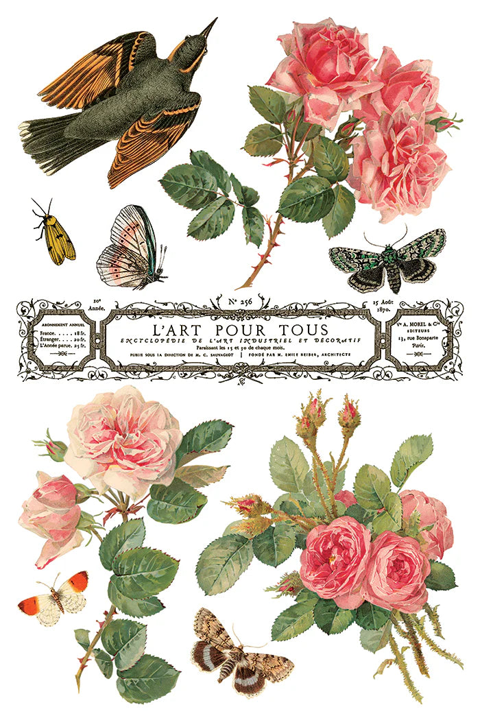 Illustrations of flowers, butterflies, and a bird on a white background with 'L'Art Pour Tous' text.