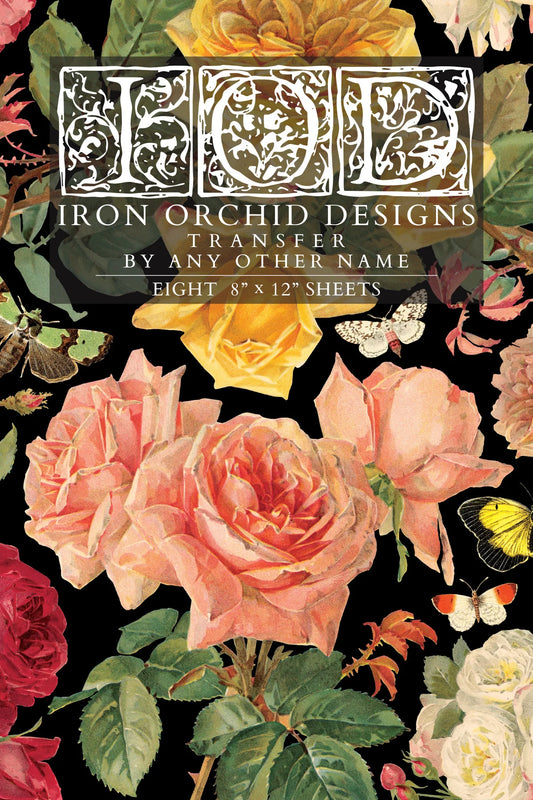 Iron Orchid Designs floral transfer paper packaging with flowers and text on a black background