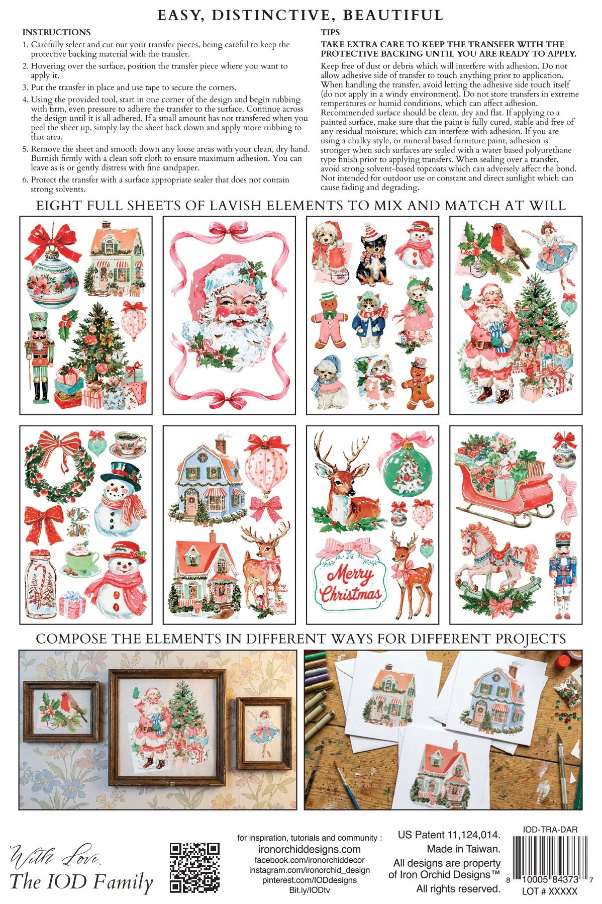 Instruction sheet for a Christmas-themed cross-stitch or needlework kit, showing multiple sample stitched designs of trees, snowmen, houses, ornaments, and holiday scenes, along with written instructions and small framed preview examples.