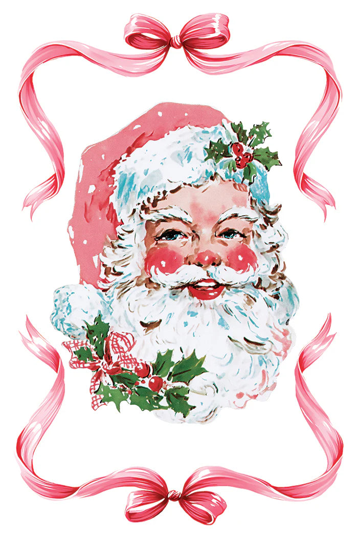 Vintage-style watercolor illustration of Santa Claus's smiling face framed by pink ribbon bows and holly accents on a white background.