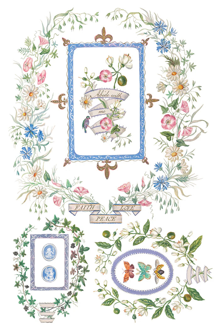 Decorative design with floral elements, frames, and text on a white background