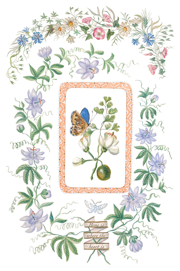 Decorative floral frame with a butterfly and text on a white background