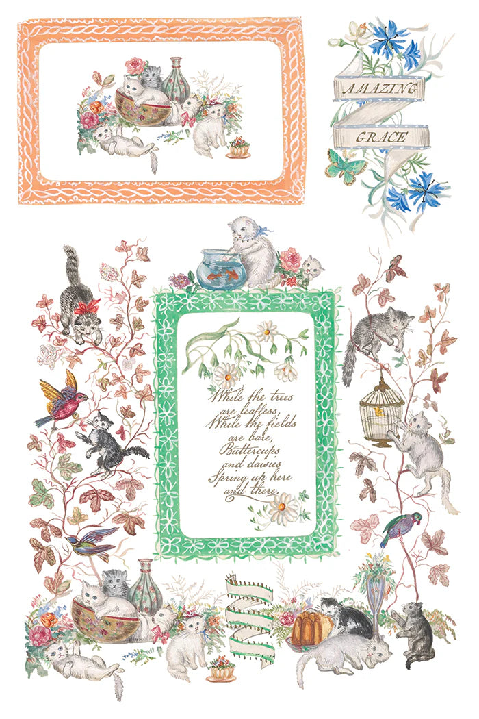 Decorative illustration with animals, flowers, and text on a white background