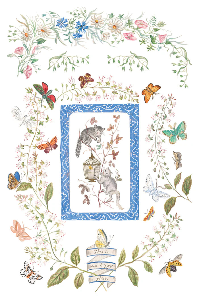 Cats, birds, and flowers in a decorative frame on a white background.