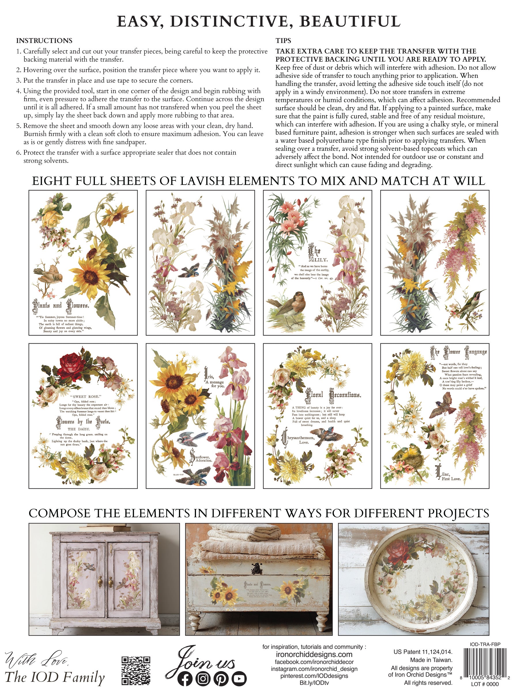 Floral design transfer sheets with instructions and examples on a white background