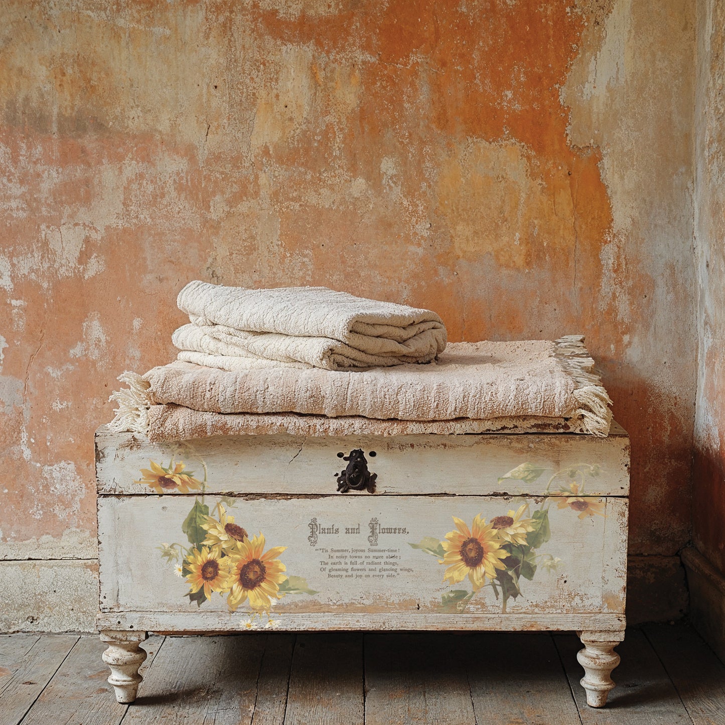 Vintage chest with floral decal and towels against a textured wall.