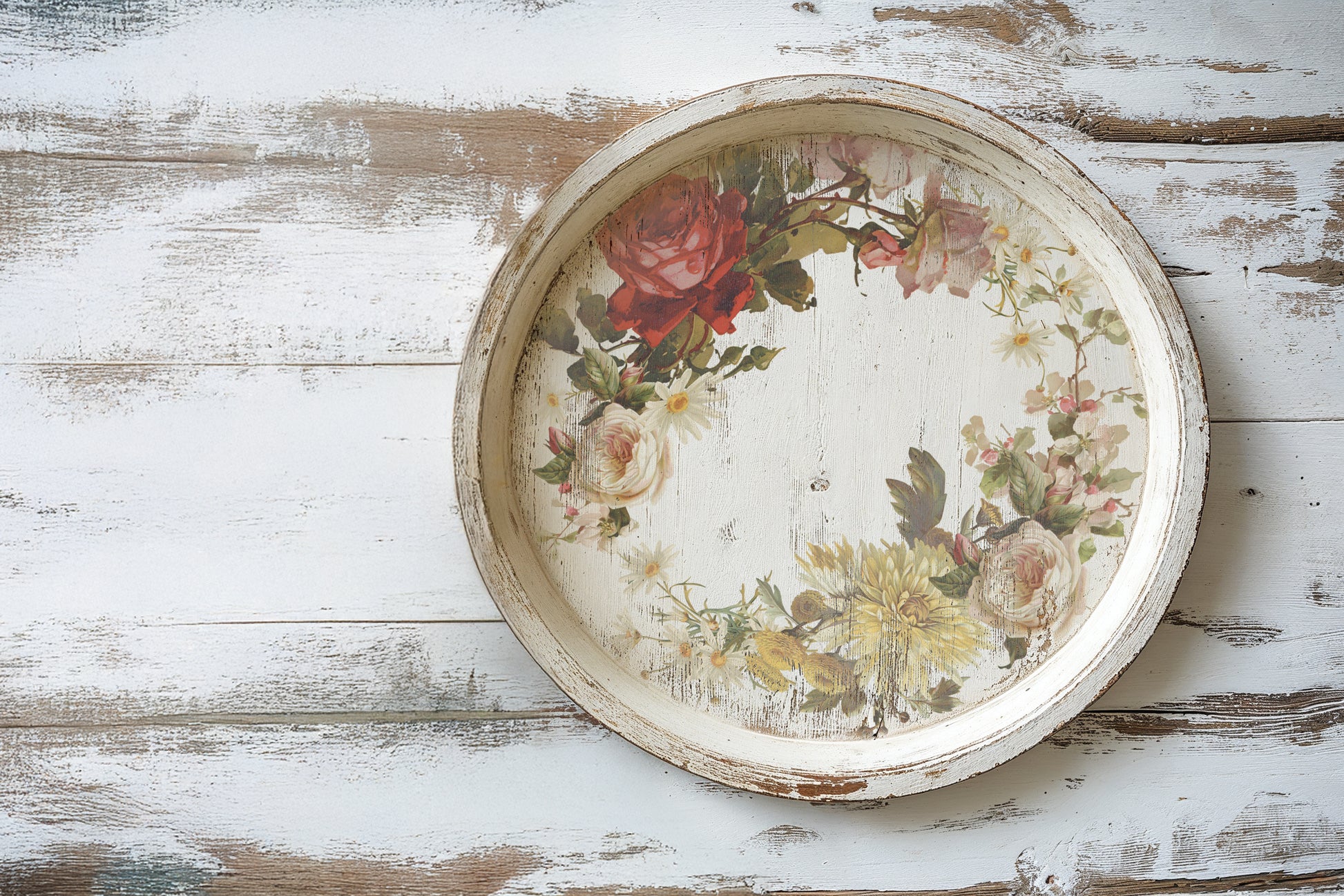 Round decorative tray with floral design on a wooden surface