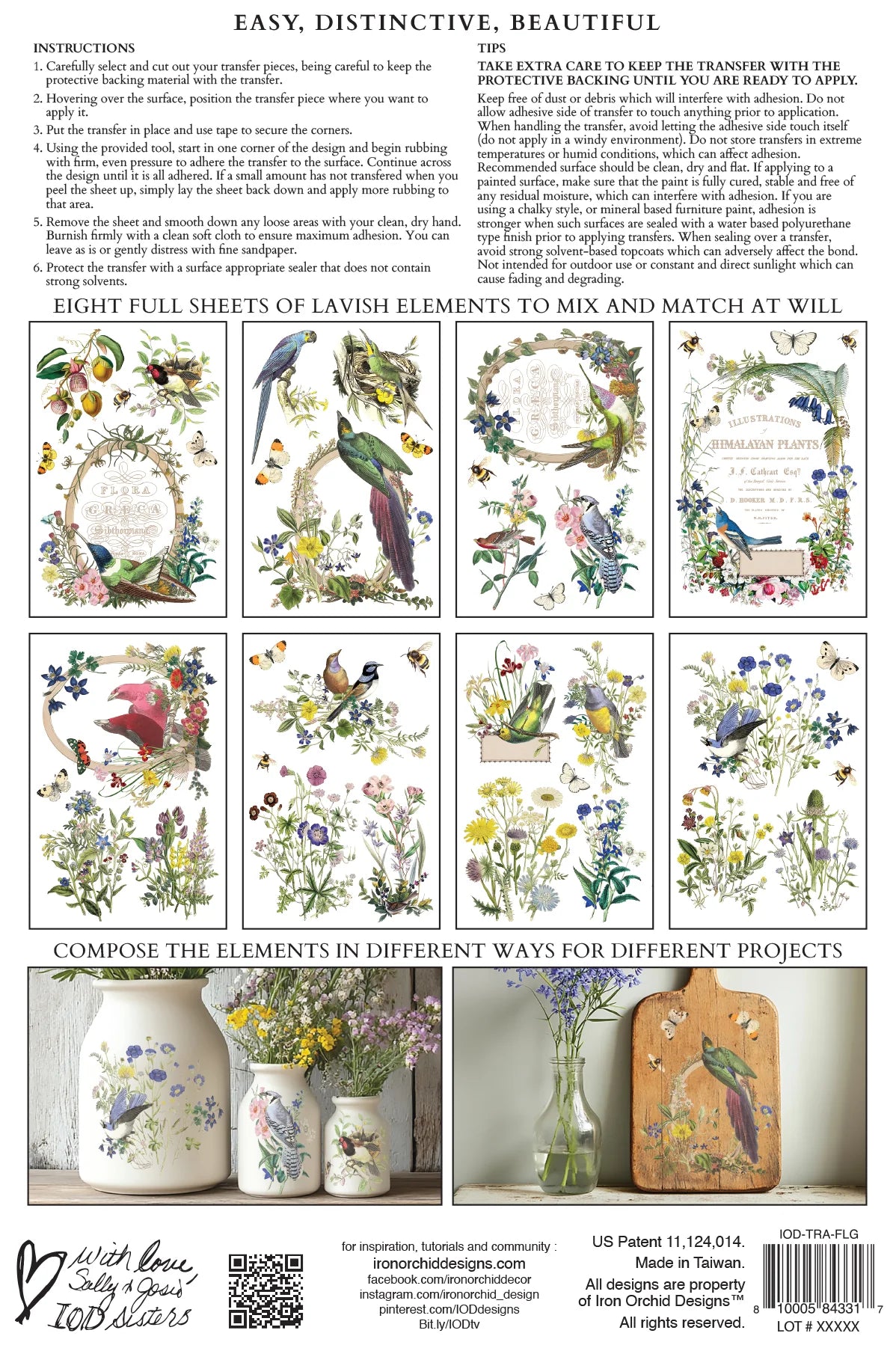 Sheet of decorative elements with floral and bird designs, featuring a sample application on vases and a wooden board.