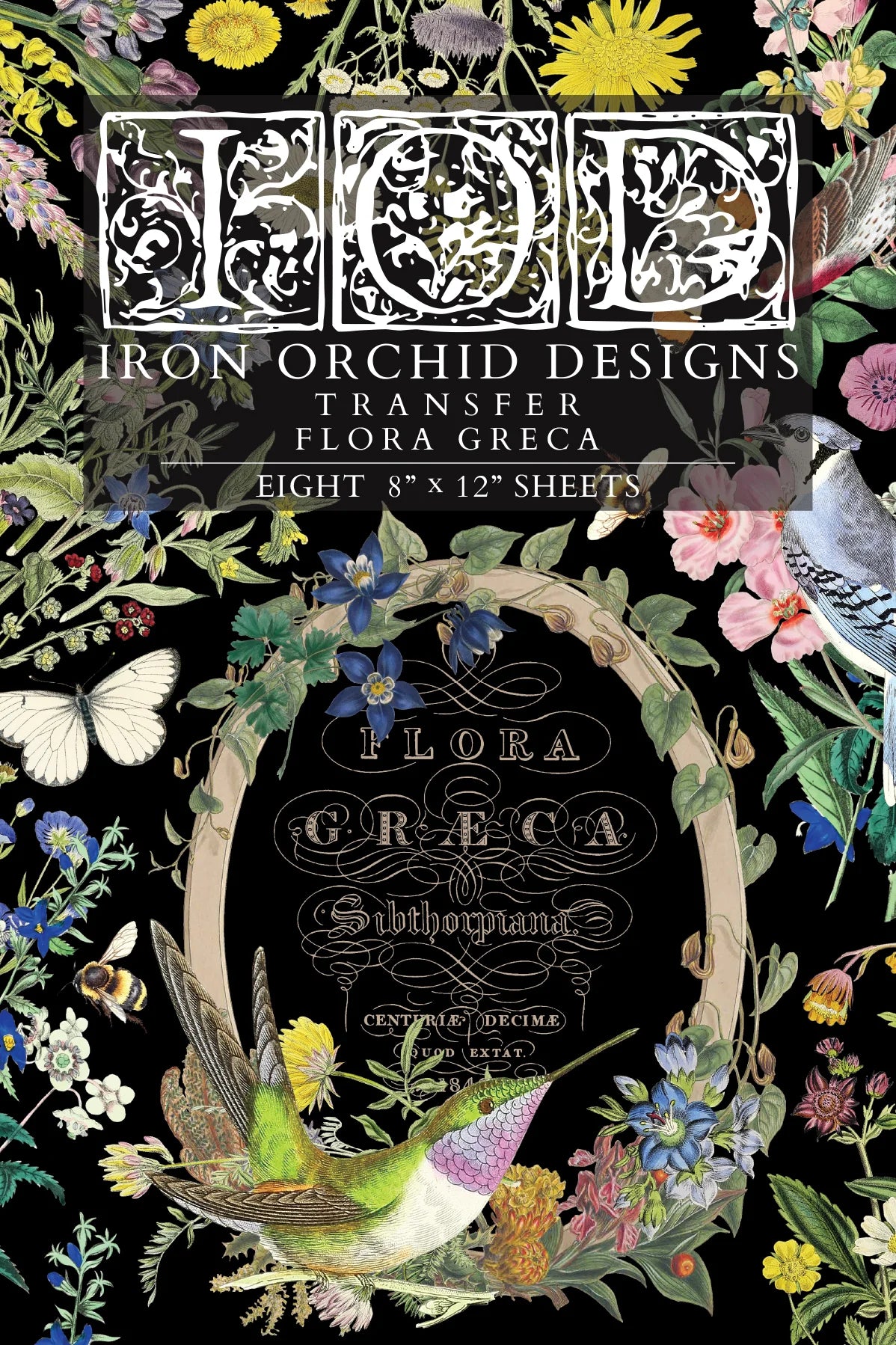 Iron Orchid Designs Flora Greca transfer with floral and bird design on a black background