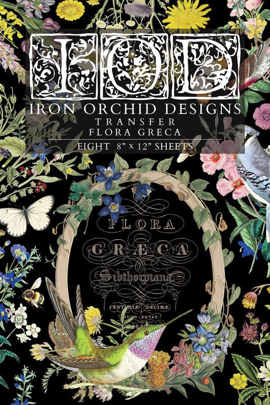 Iron Orchid Designs Flora Greca transfer with floral and bird design on a black background