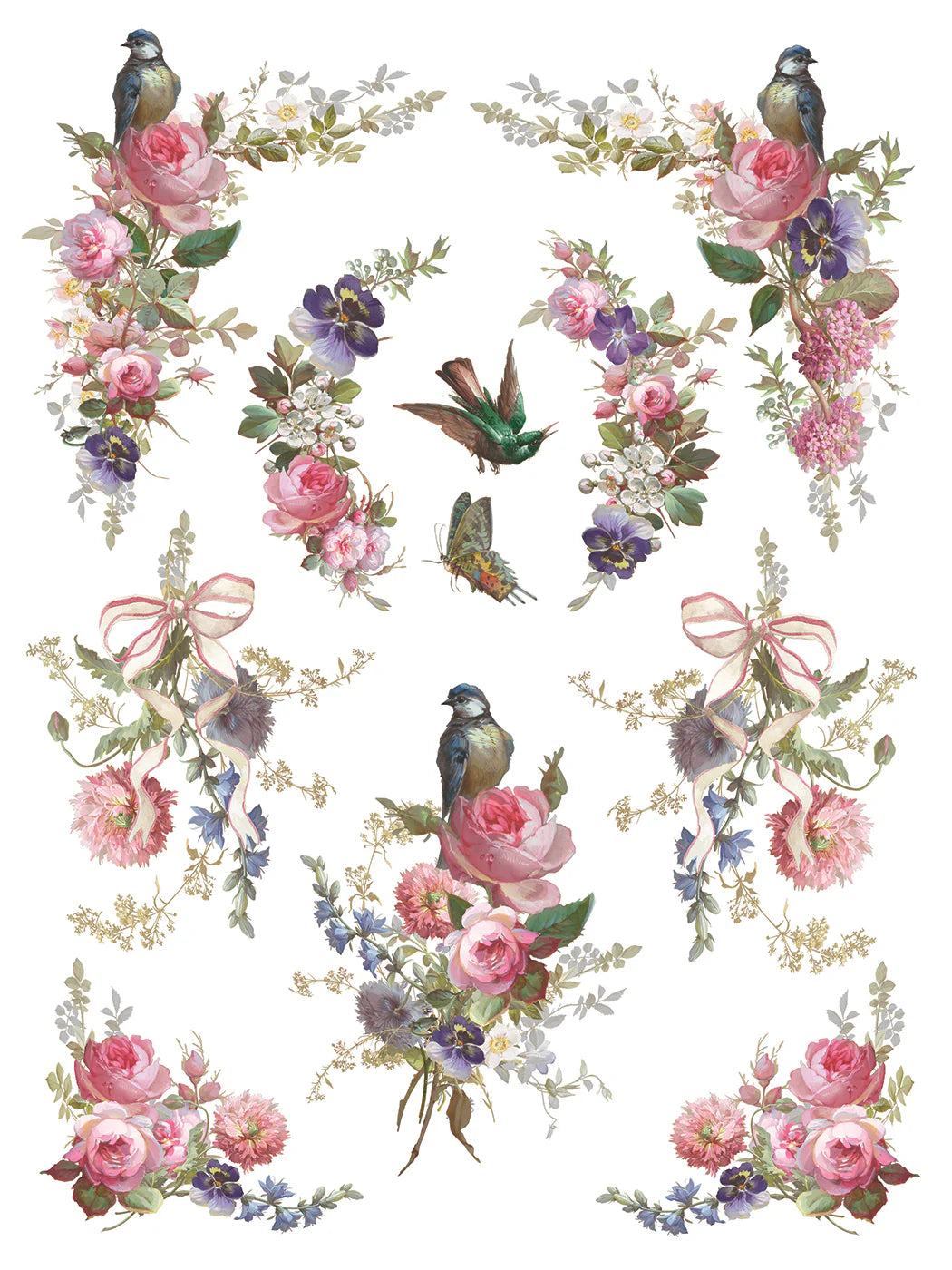 Decorative design with flowers, birds, and ribbons on a white background