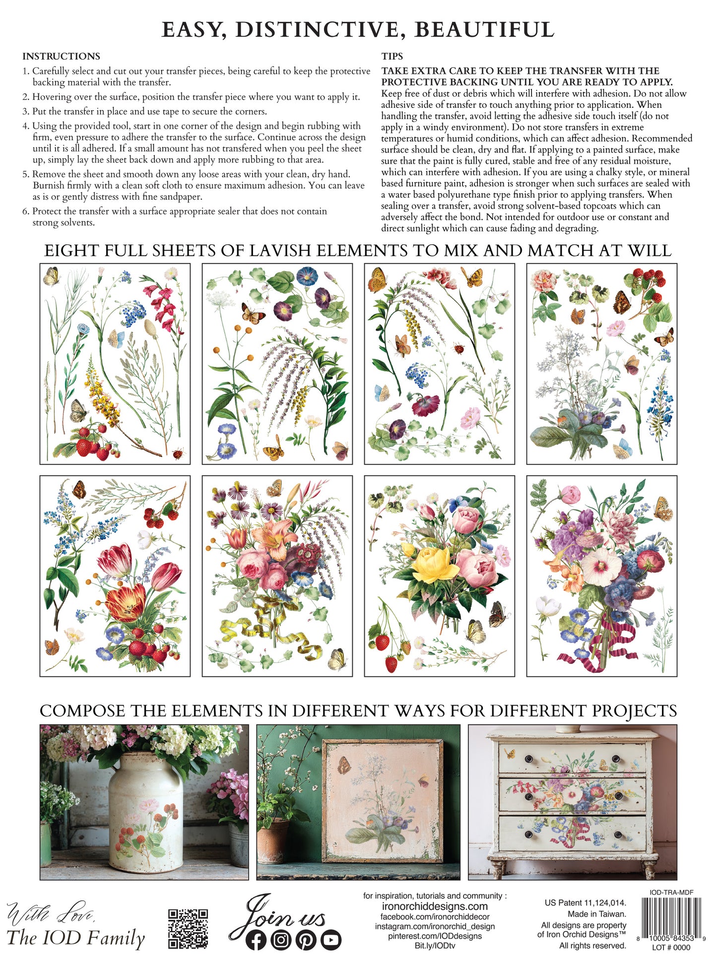 Sheet of floral and nature-themed designs with instructions and examples on how to use them.