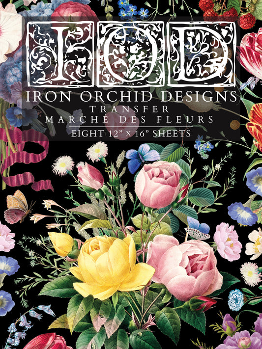 Iron Orchid Designs transfer sheet with floral design on a black background