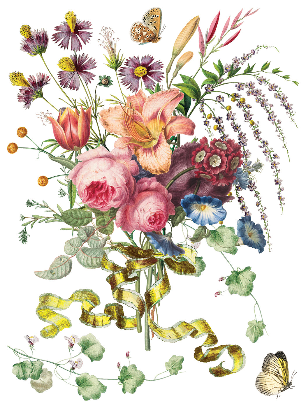 Colorful bouquet of flowers with ribbons and butterflies on a white background