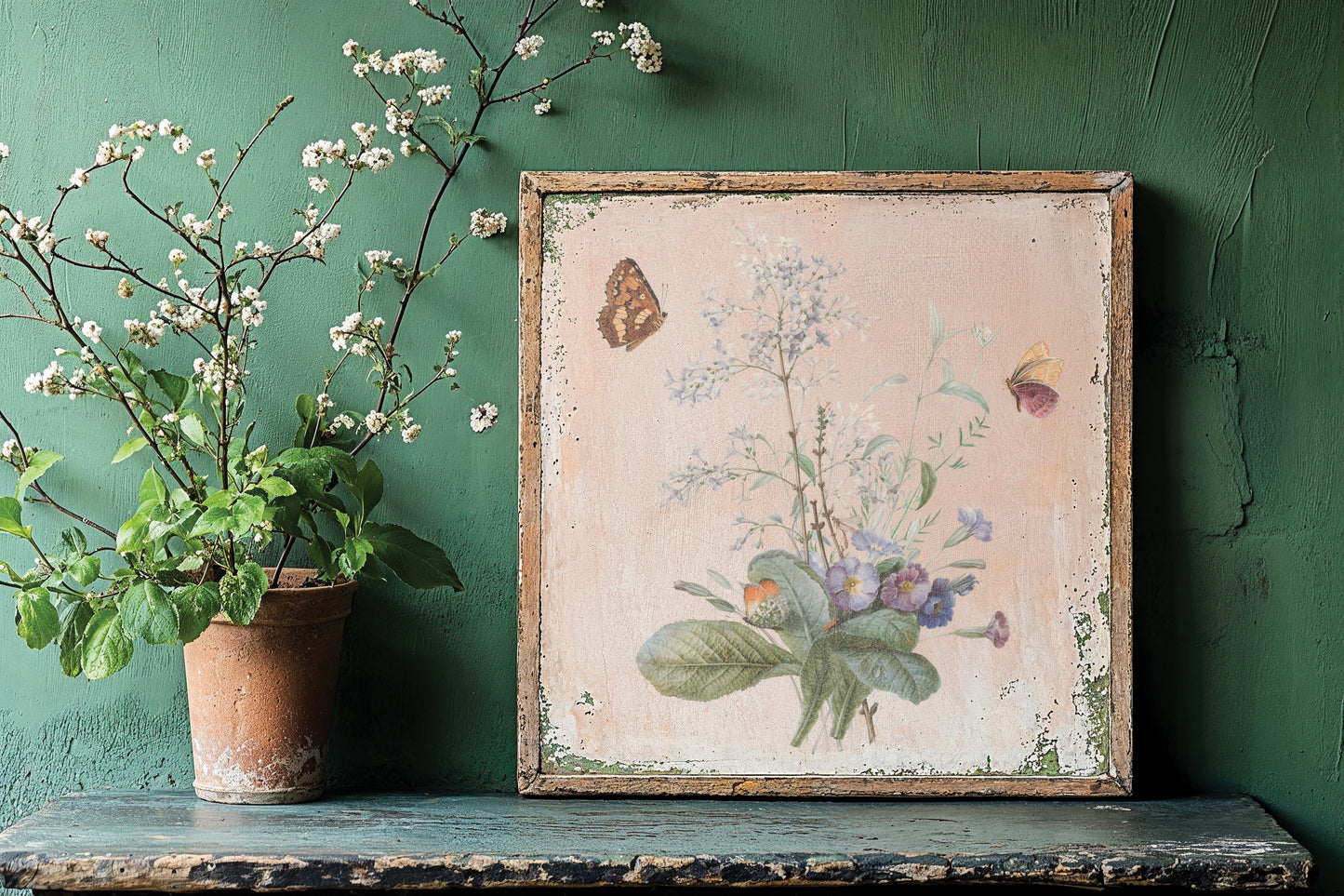 Decorative framed artwork with floral and butterfly design on a green wall.