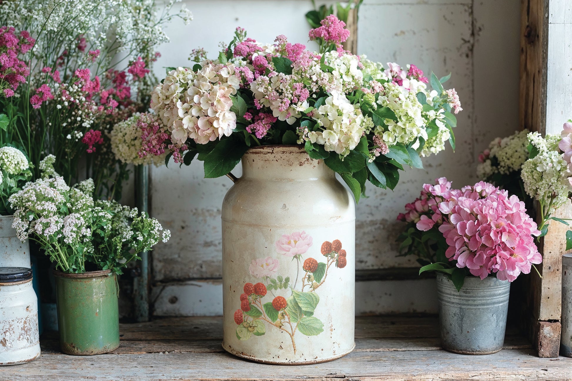 Vintage milk churn with floral arrangement surrounded by potted flowers on a rustic wooden surface.
