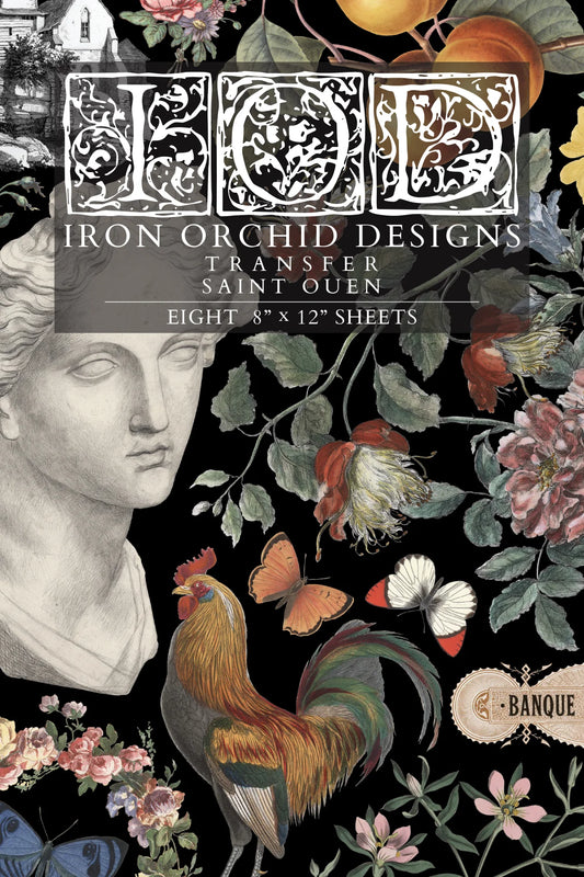 Iron Orchid Designs transfer sheet with floral and rooster design on a black background