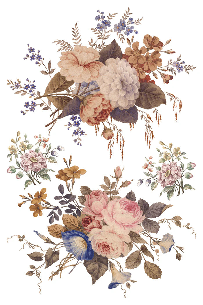 Decorative arrangement of flowers in a circular pattern on a white background