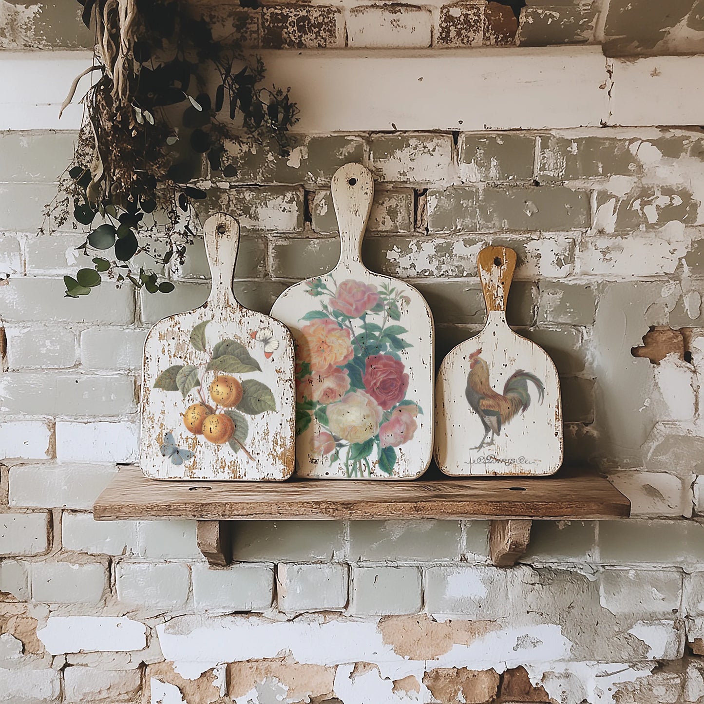 Decorative cutting boards with floral and rooster designs on a rustic shelf against a brick wall.