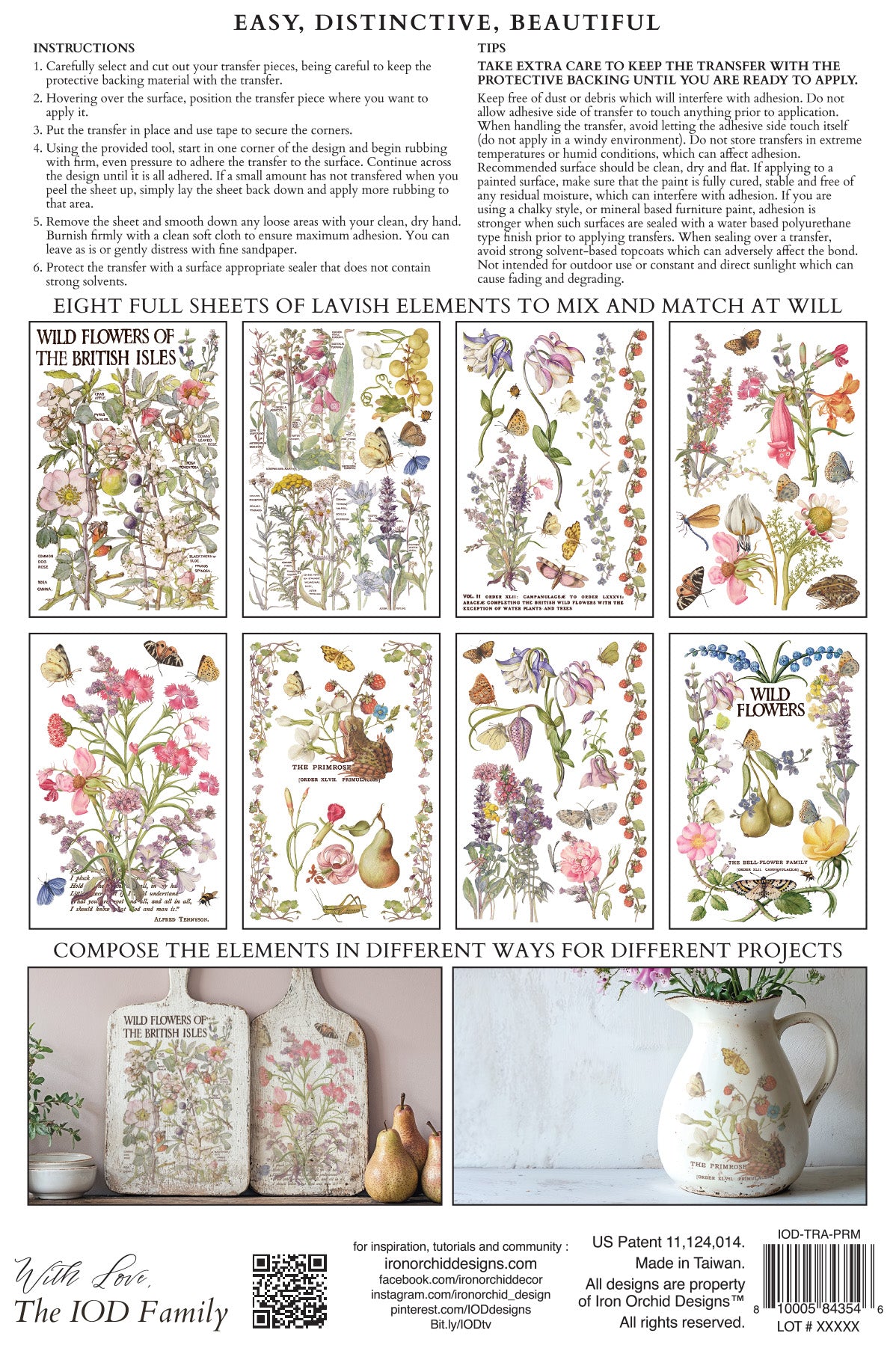 Sheet of floral and nature-themed stickers with IOD branding