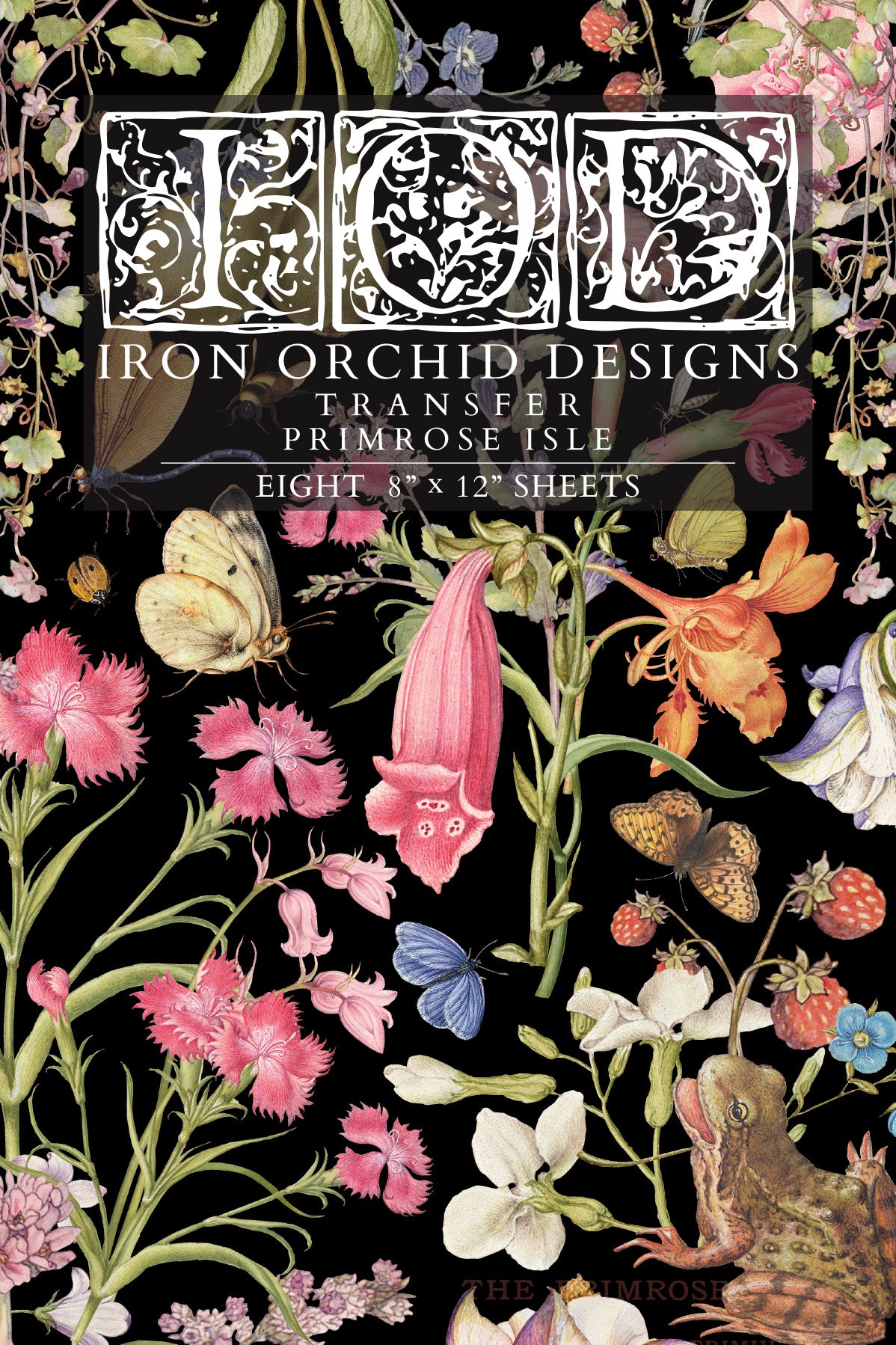 Iron Orchid Designs transfer paper packaging with floral and butterfly design on a black background