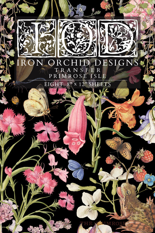 Iron Orchid Designs transfer paper packaging with floral and butterfly design on a black background